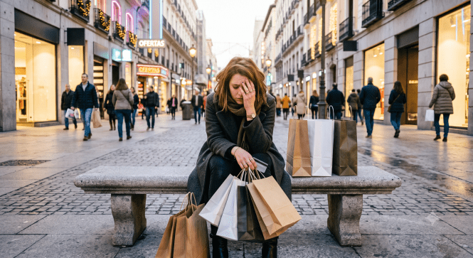 Mujer agobiada con adiccion a las compras sentada en un banco de una calle peatonal.